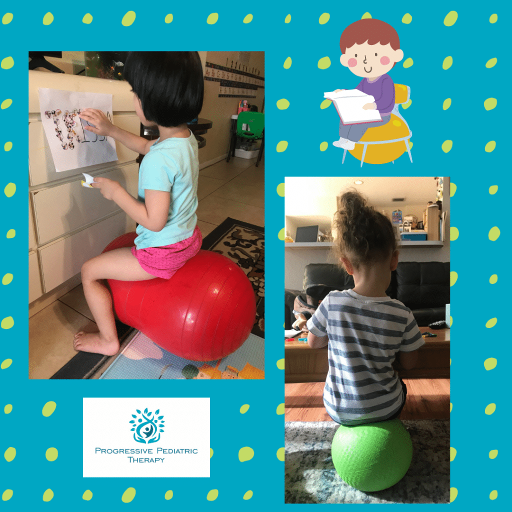 Child sitting on peanut ball making art, Child sitting on playground ball while at short table.