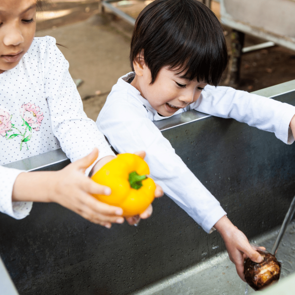 child washing vegetables.