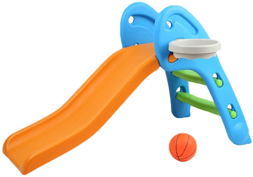 This is a picture of slide made for toddlers with a basketball hoop