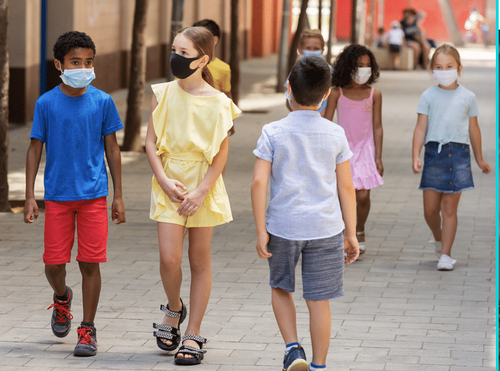 School aged children walking around with masks on.