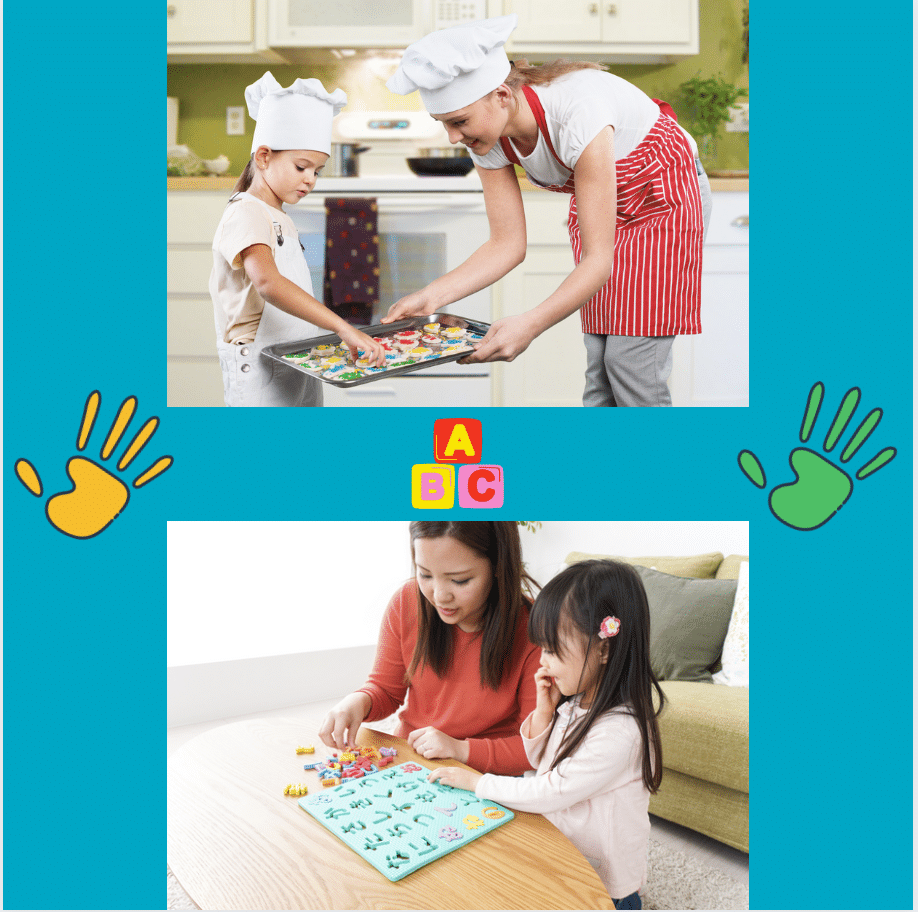 two images of parent playing pretend play with child.